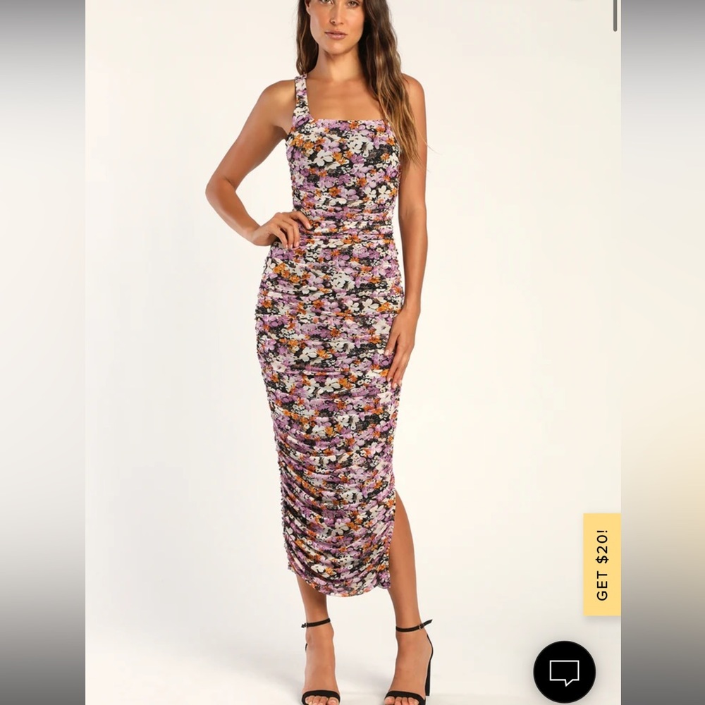 Lulus V.I.P. Treatment Black Floral Mesh Ruched Bodycon Midi Dress